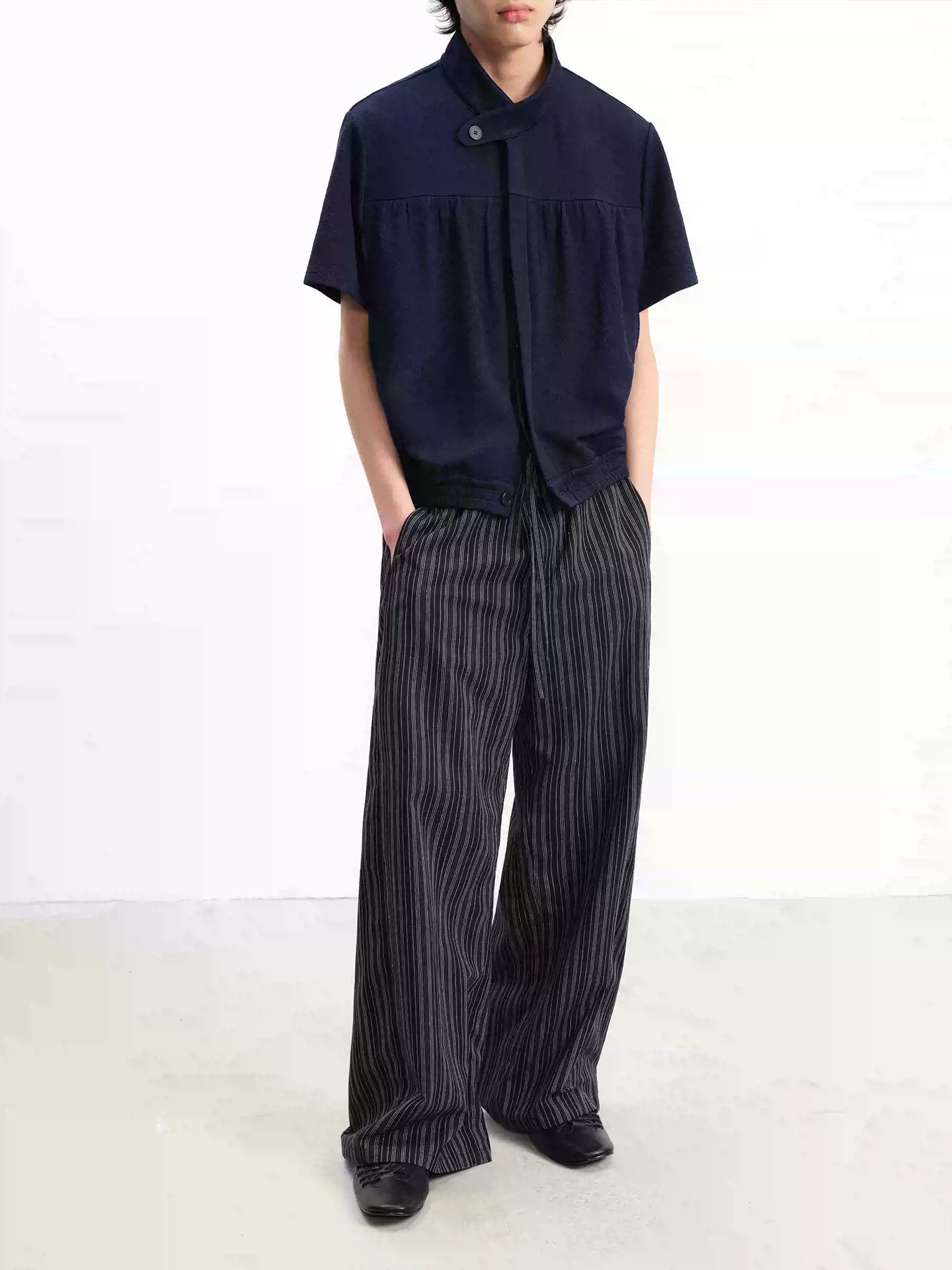 Navy Blue Pleated Short Sleeve Shirt