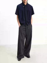 Navy Blue Pleated Short Sleeve Shirt