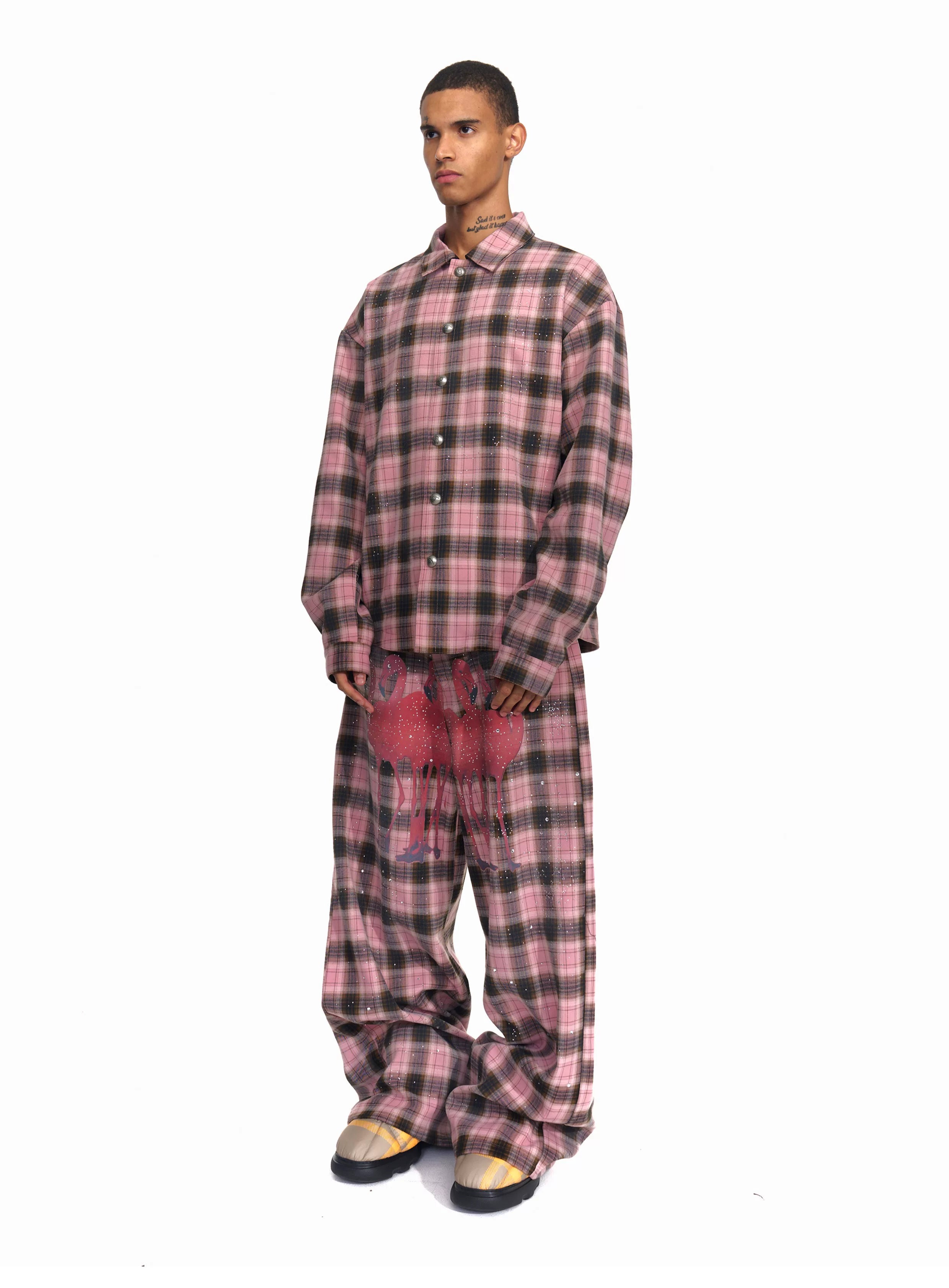 Men's Pink Plaid Flamingo Rhinestone Jacket