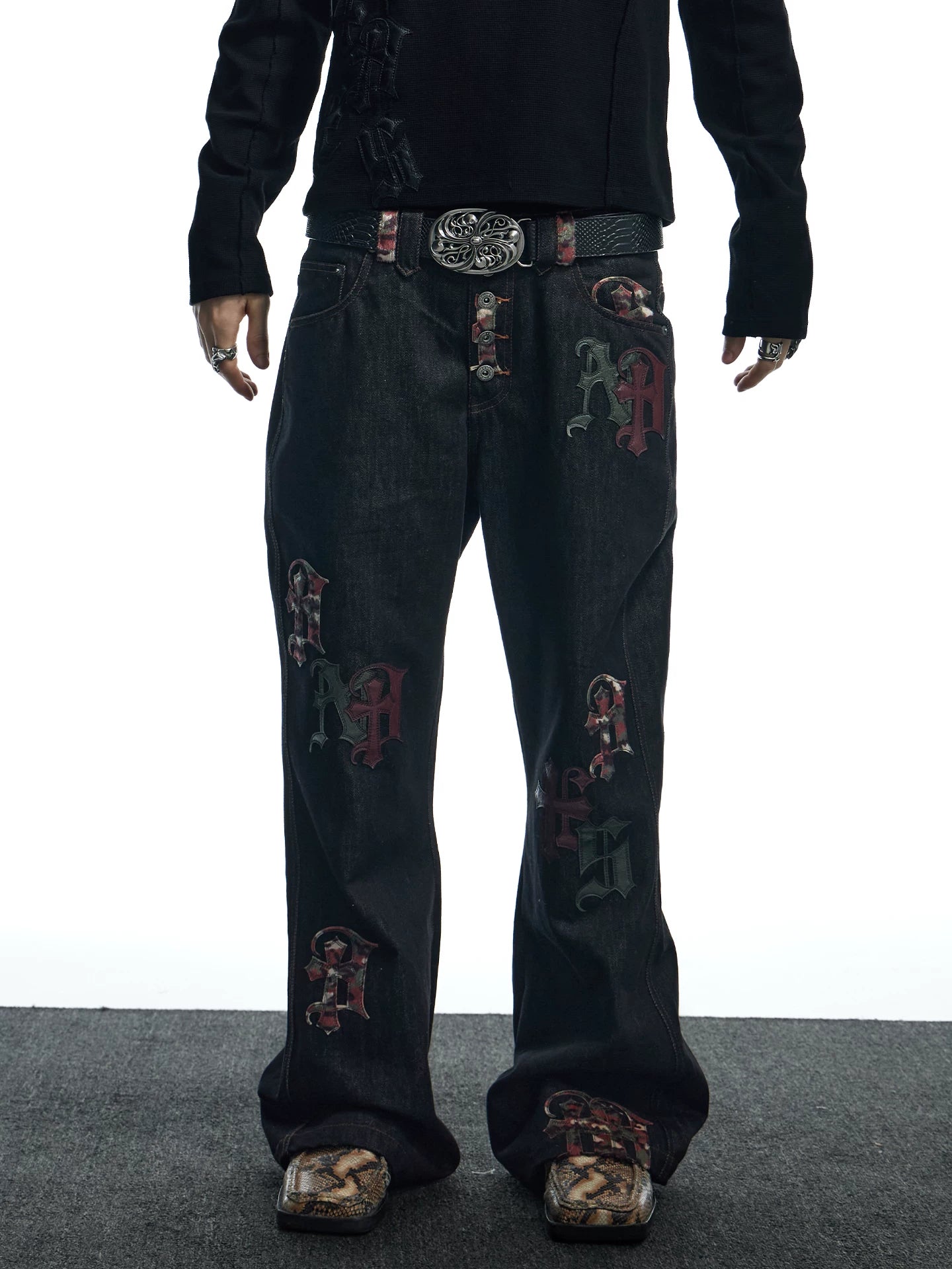 Streetwear Gothic Camo Leather Straight Jeans