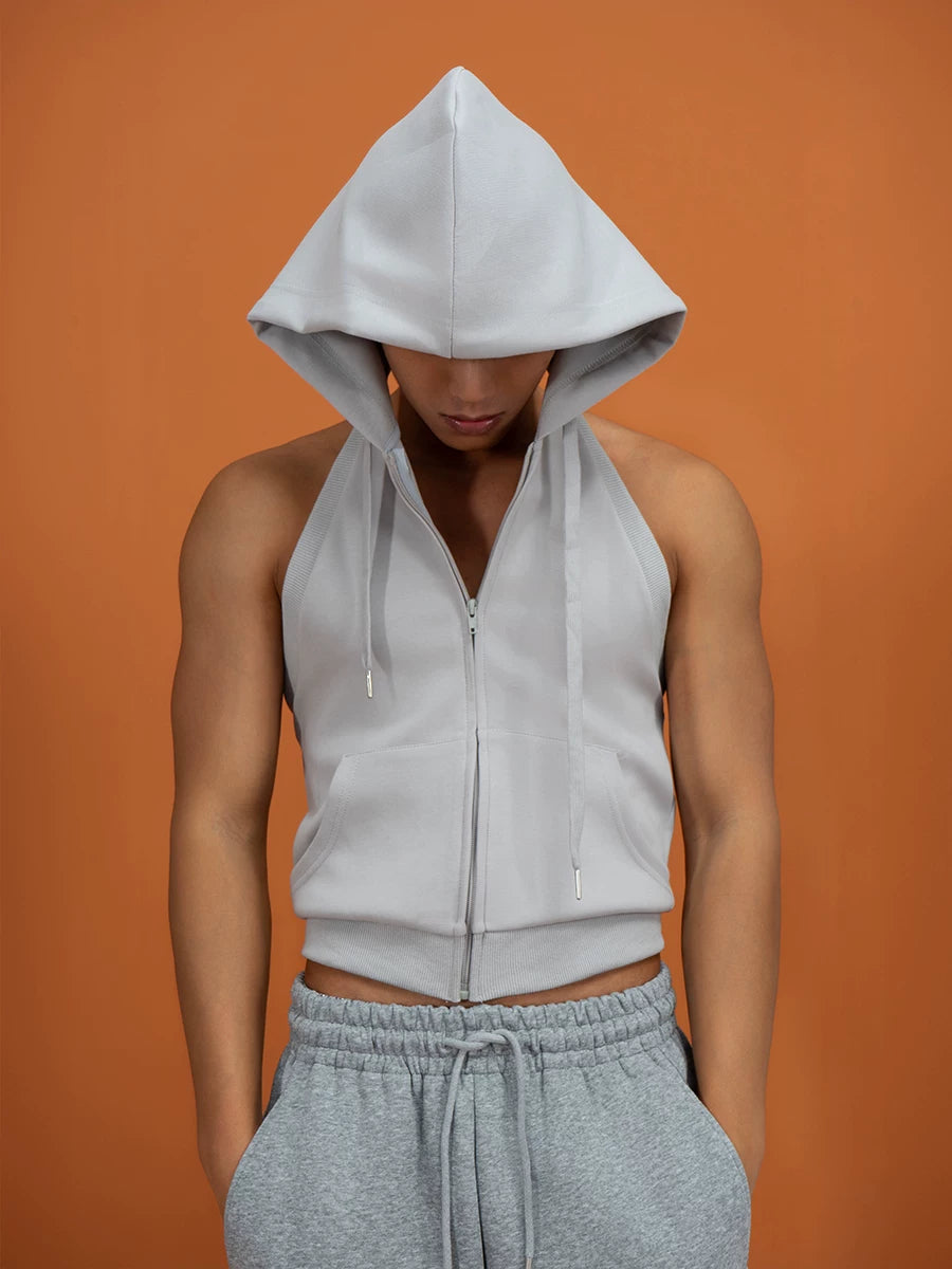 Sage Green Backless Hooded Zip Vest