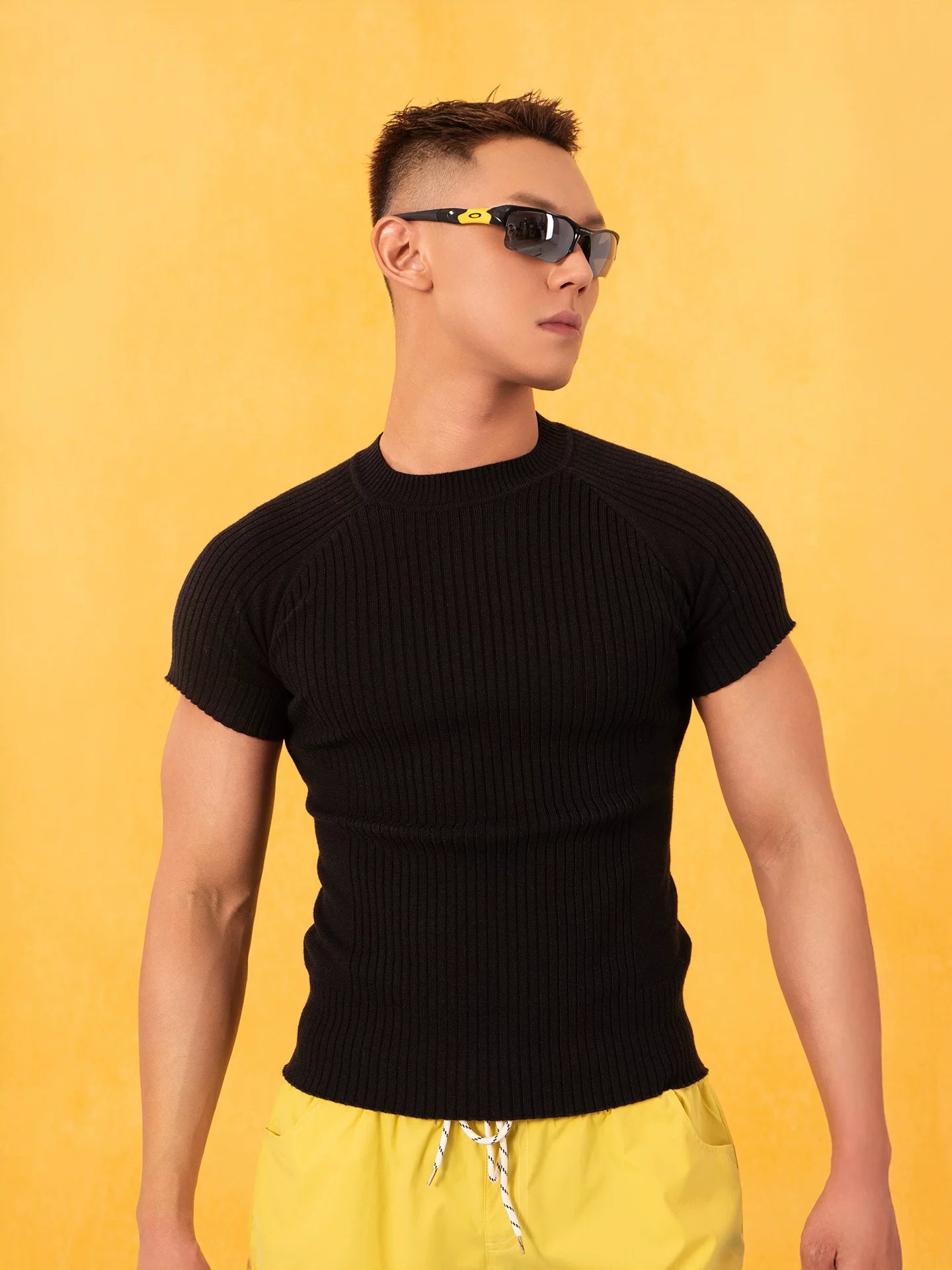 Men's Black Striped Knit Raglan Tee