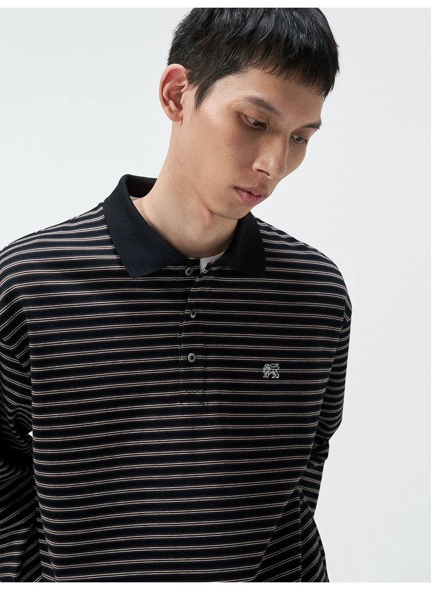 Striped Embroidered Long Sleeve Polo Tee