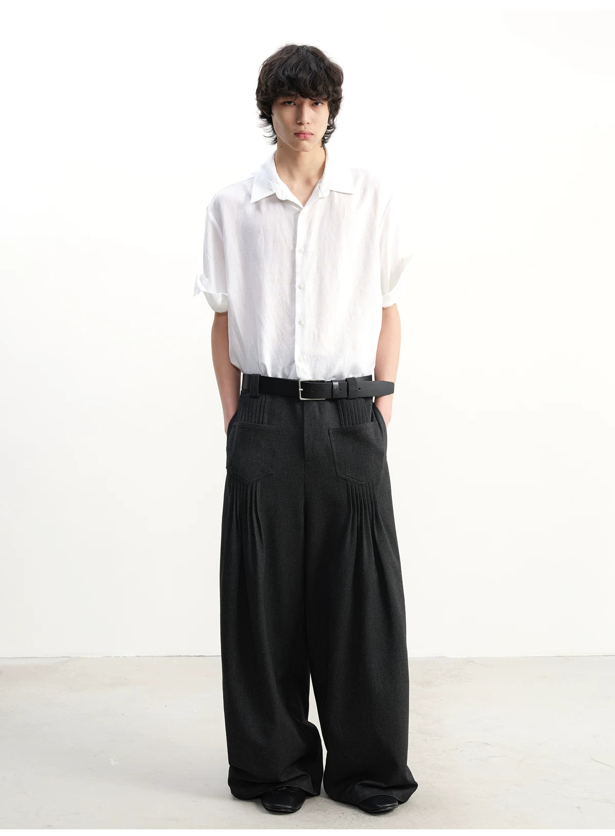 Pleated Twill Wide Leg Casual Pants