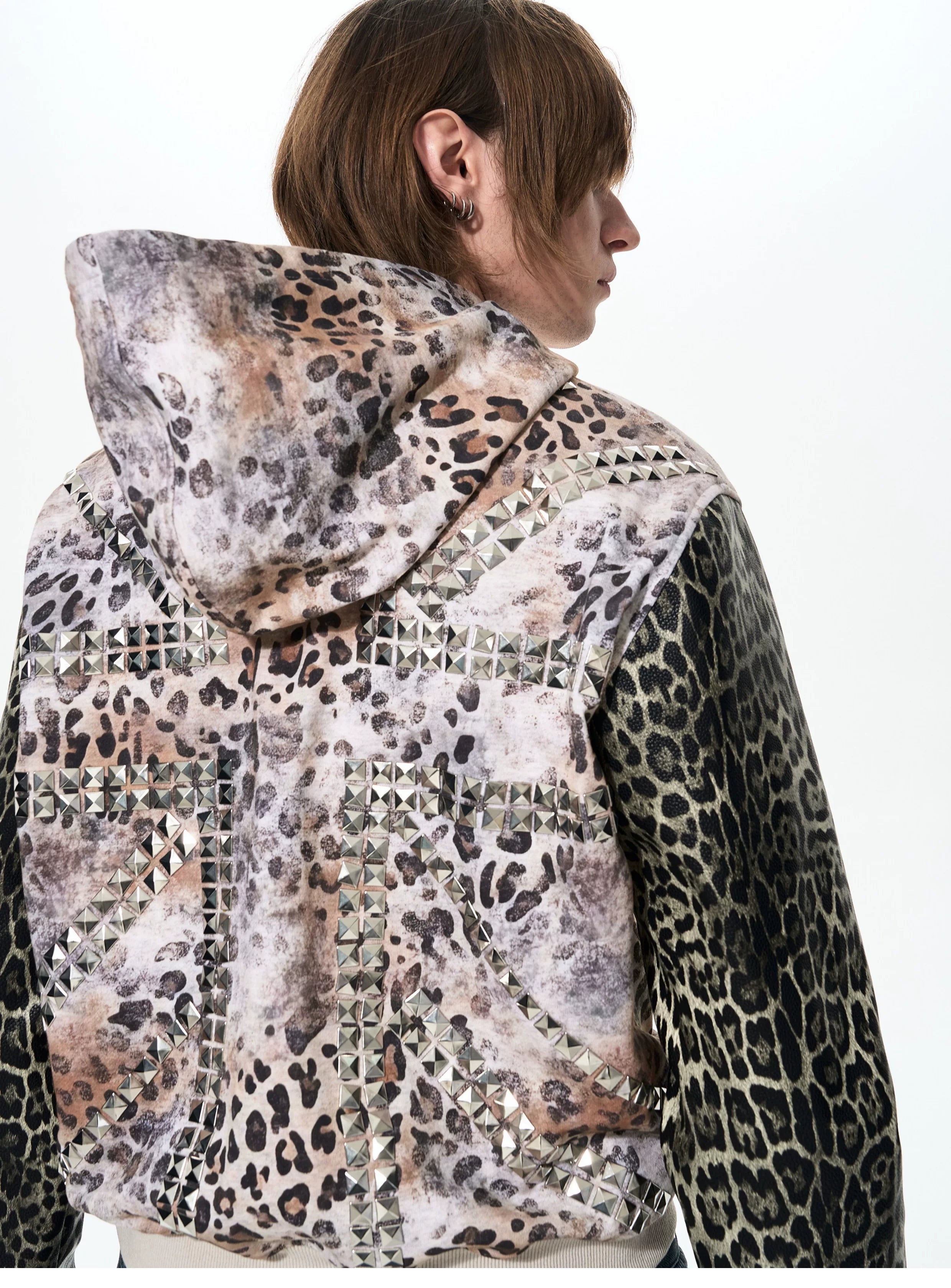 Leopard Patchwork Hooded Rivet Jacket
