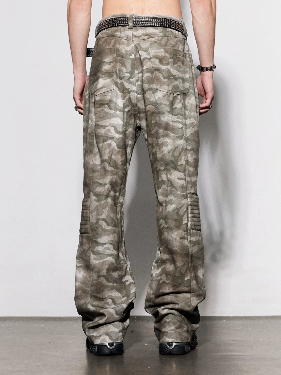 Rugged Distressed Camo Flare Cargo Pants