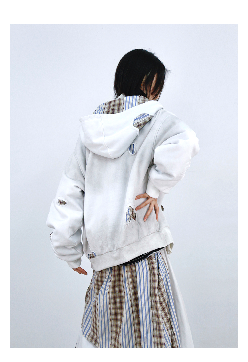 Stripe Patchwork Washed Zip Hoodie