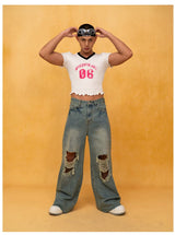 Men's Blue Distressed Wide Leg Jeans
