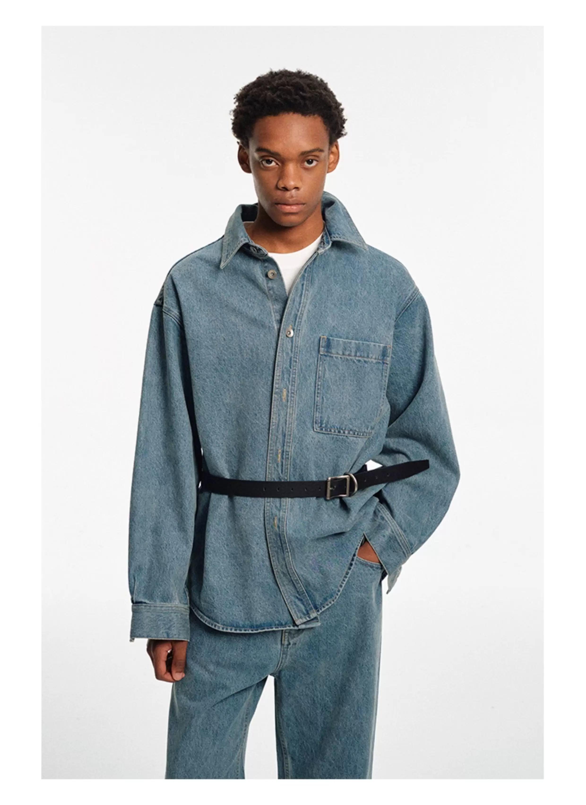 Relaxed Square Collar Distressed Denim Shirt