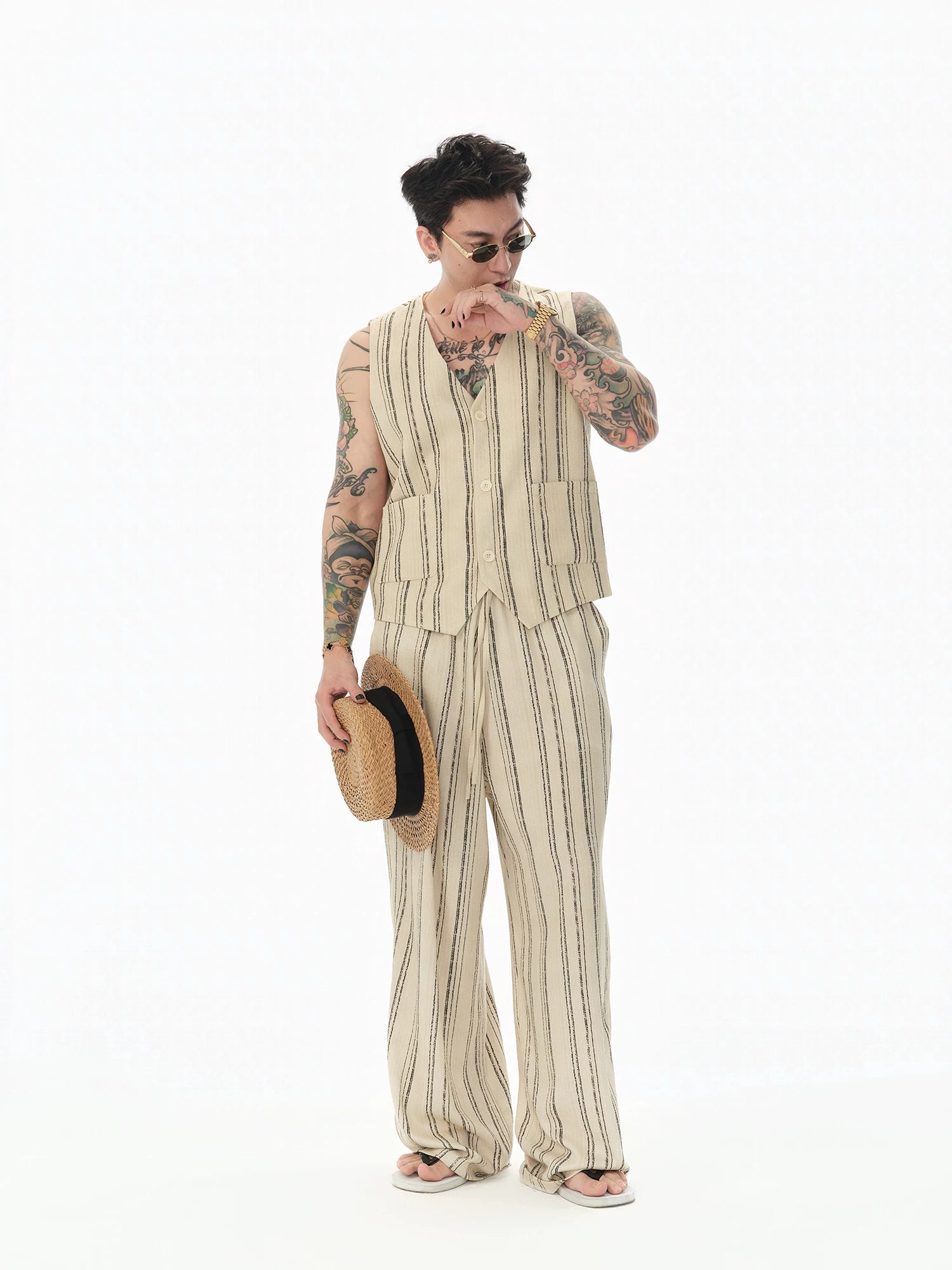 Distressed Vintage Striped Vest Pants Set