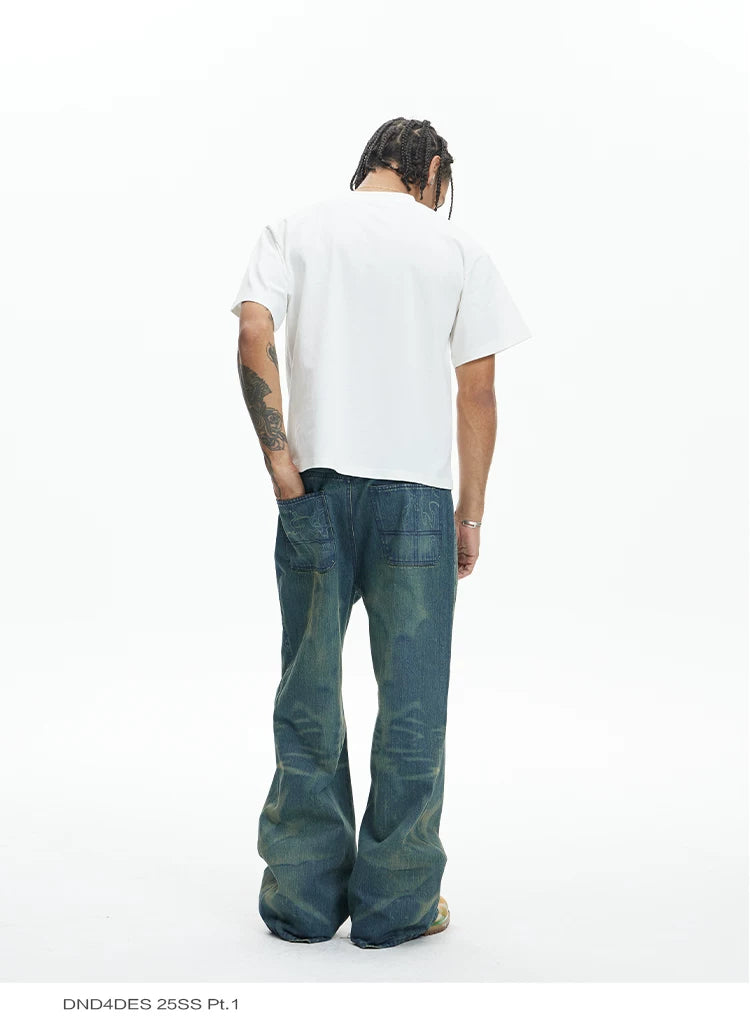 Vintage Washed Distressed Slub Flare Jeans