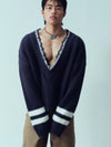 Distressed Striped Lace V-Neck Wool Sweater