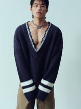Distressed Striped Lace V-Neck Wool Sweater