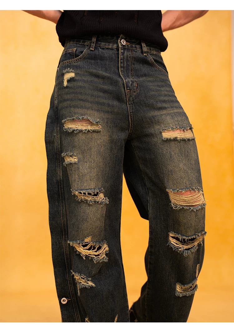 Men's Dark Distressed Slit Wide Jeans