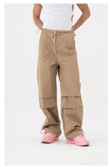Black Khaki Drawstring Wide Leg Pants