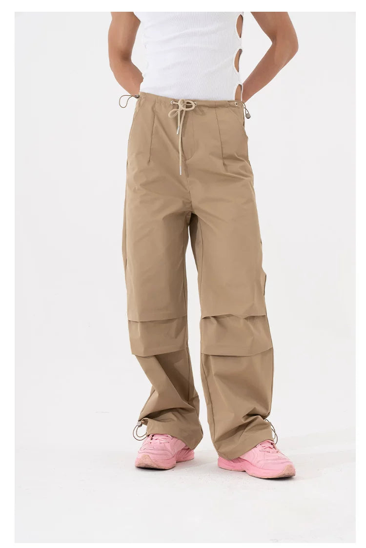 Black Khaki Drawstring Wide Leg Pants