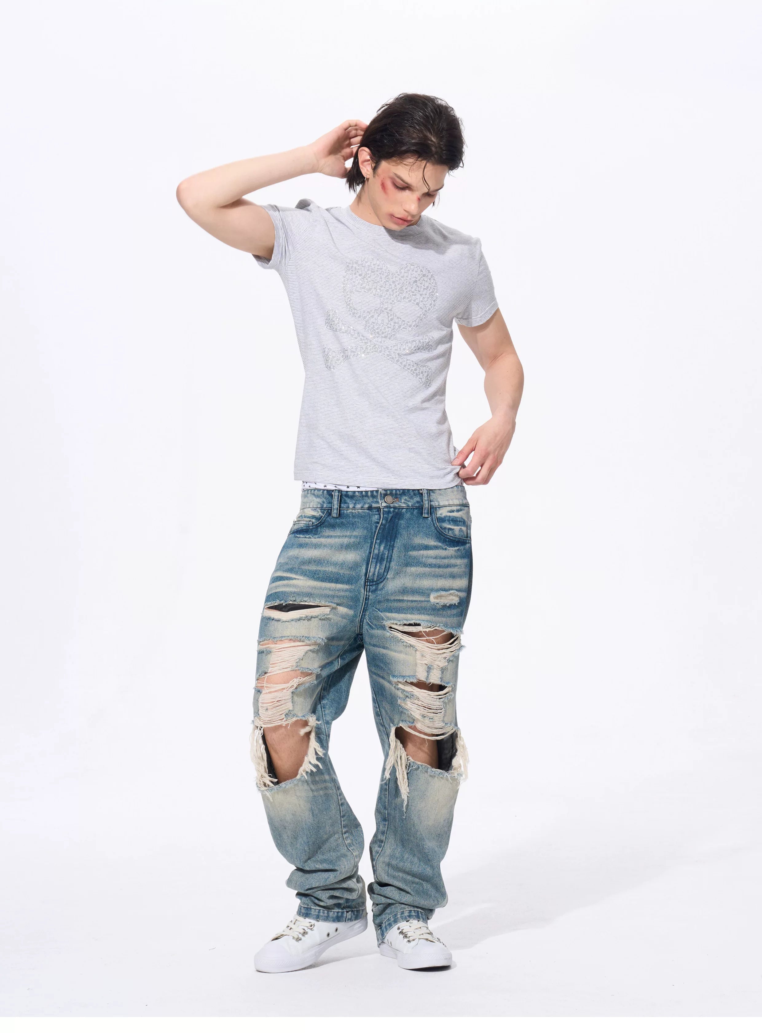 Men’s Rhinestone Skull Striped Tees