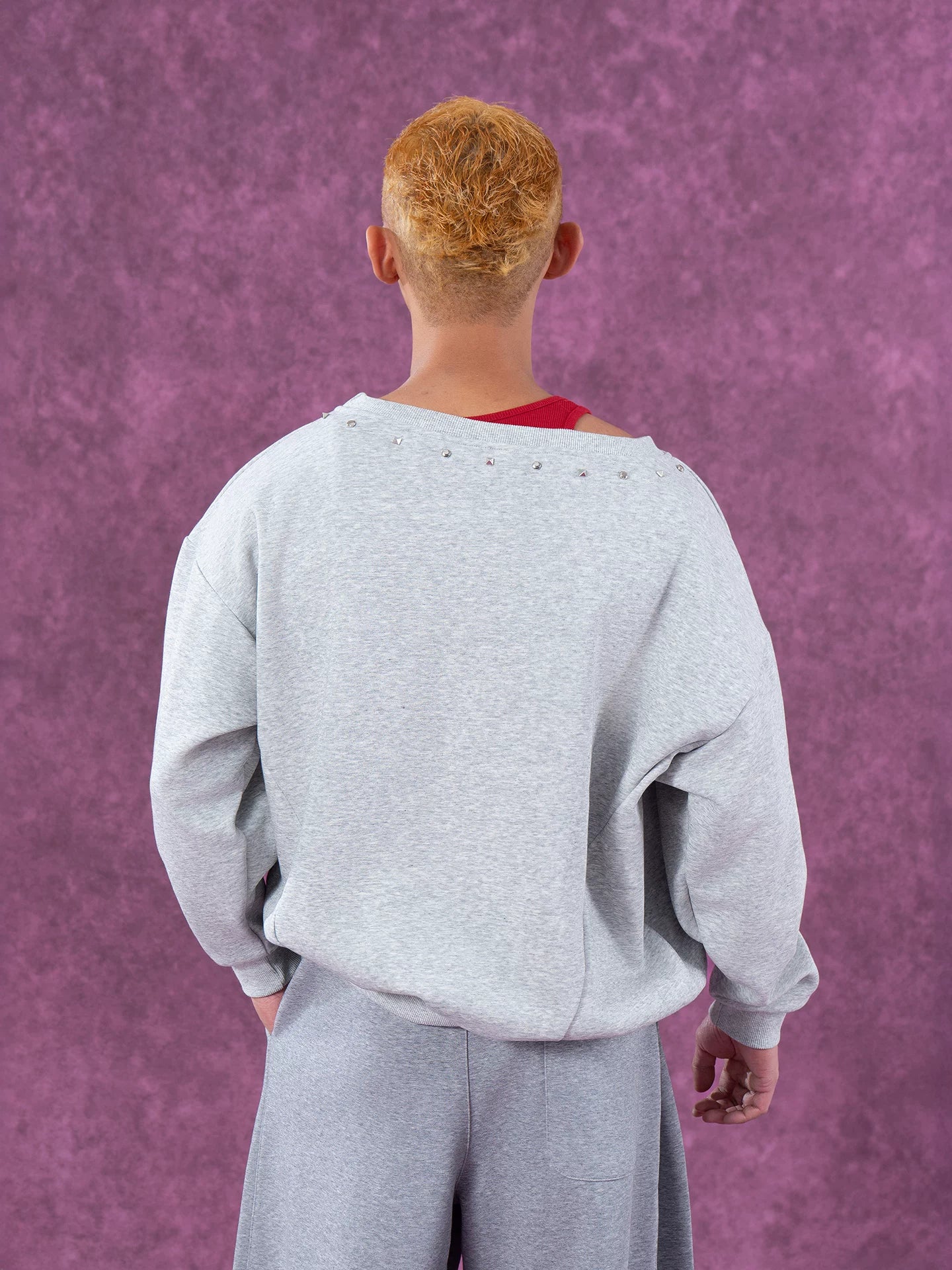 Men's Grey Red Patched Rivet Hoodies