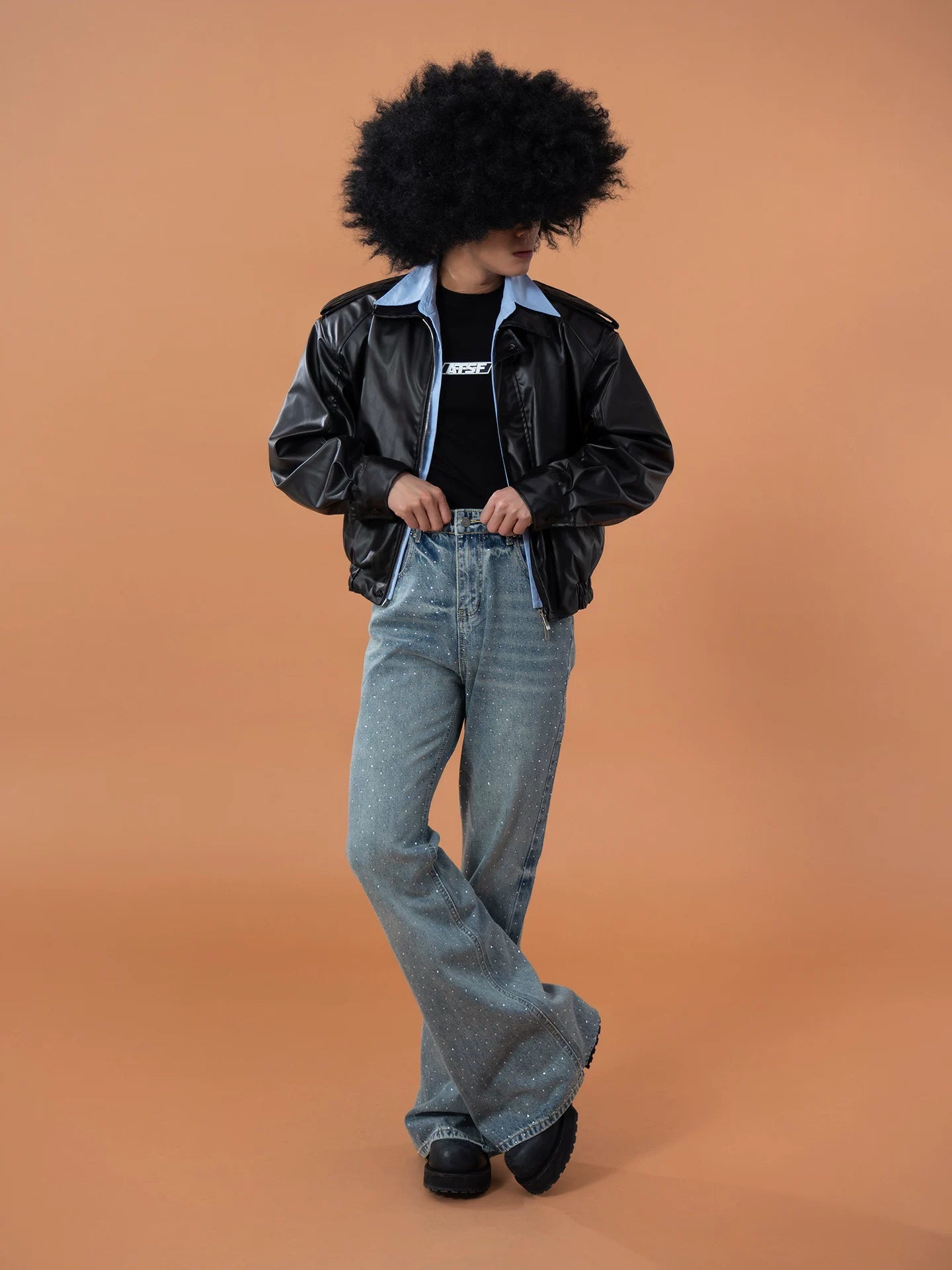 Black Shirt-Collared Faux Leather Moto Jacket