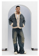 Unisex Vintage Faux Shearling Denim Puffer