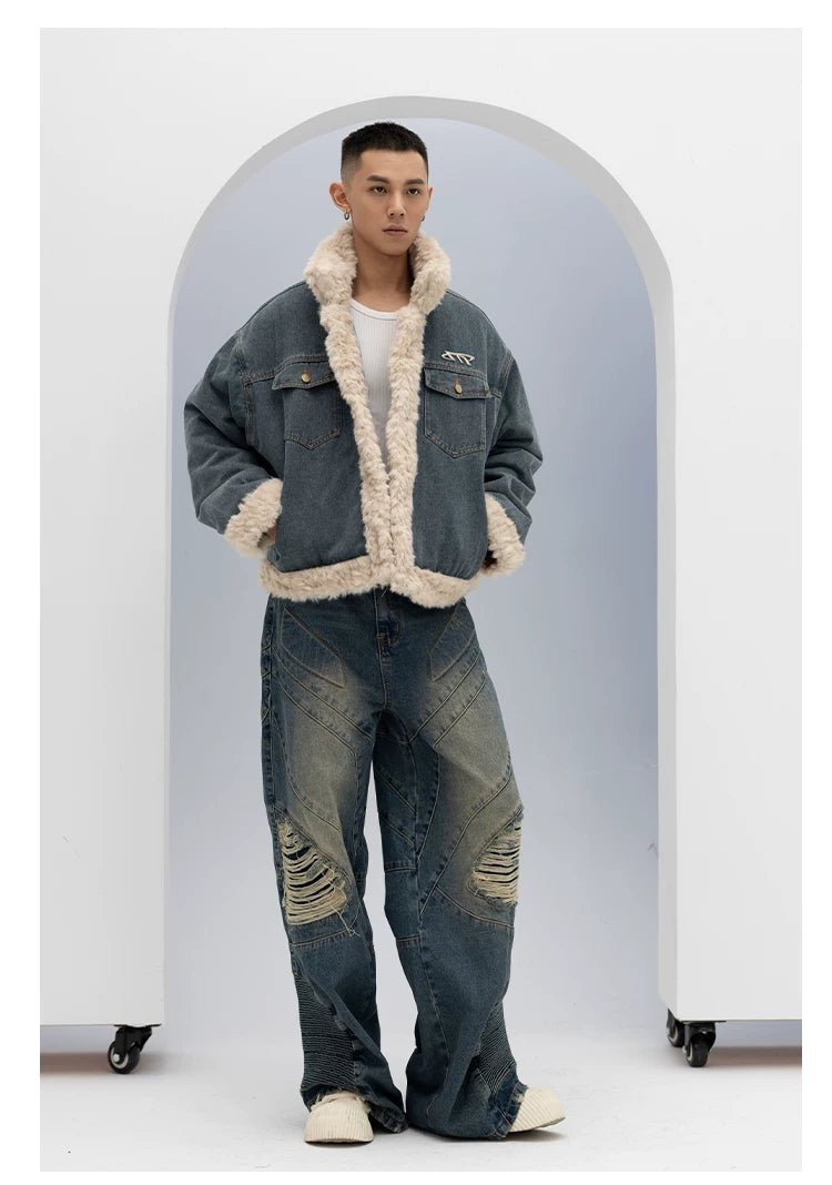 Unisex Vintage Faux Shearling Denim Puffer