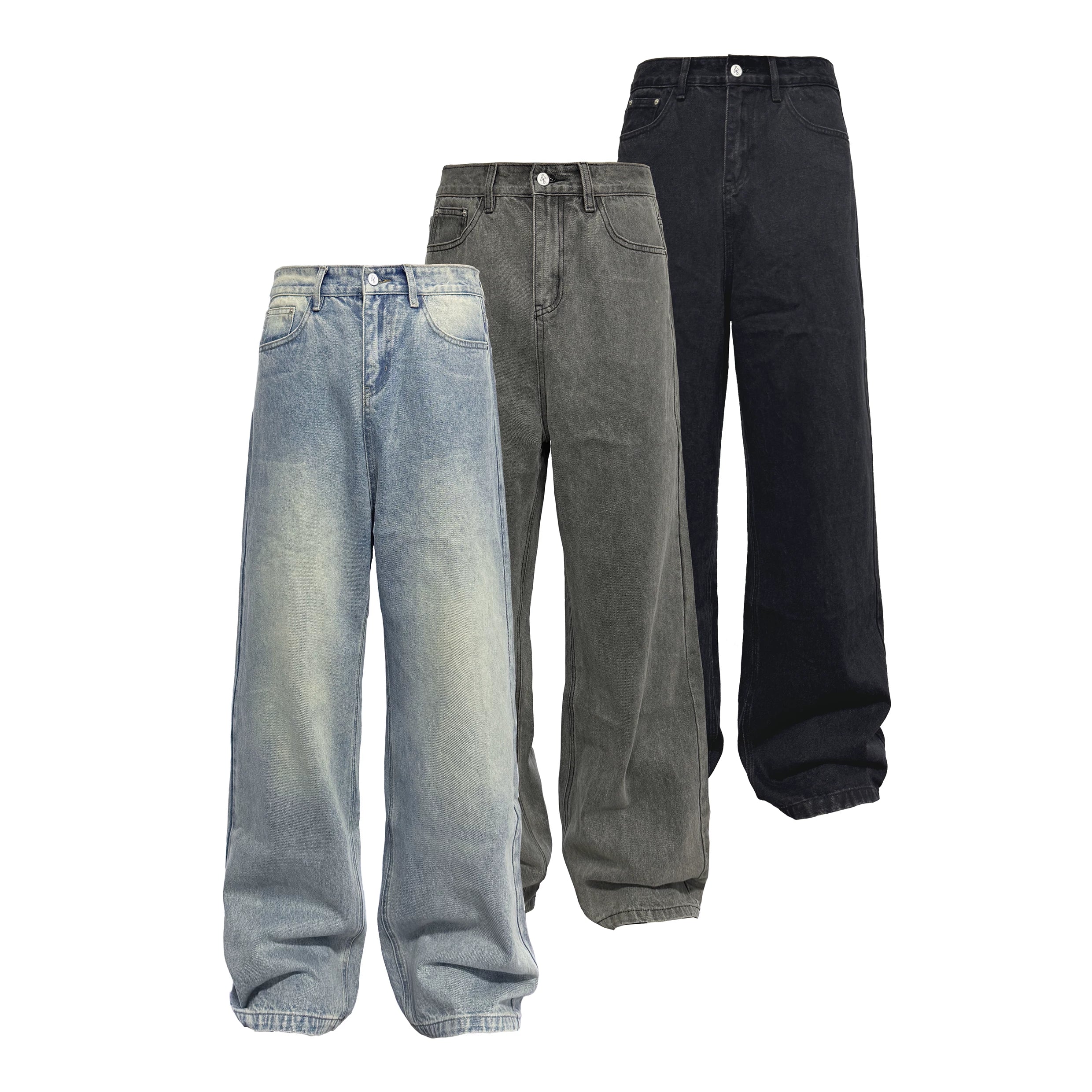 Tri-color Washed Straight Loose Jeans