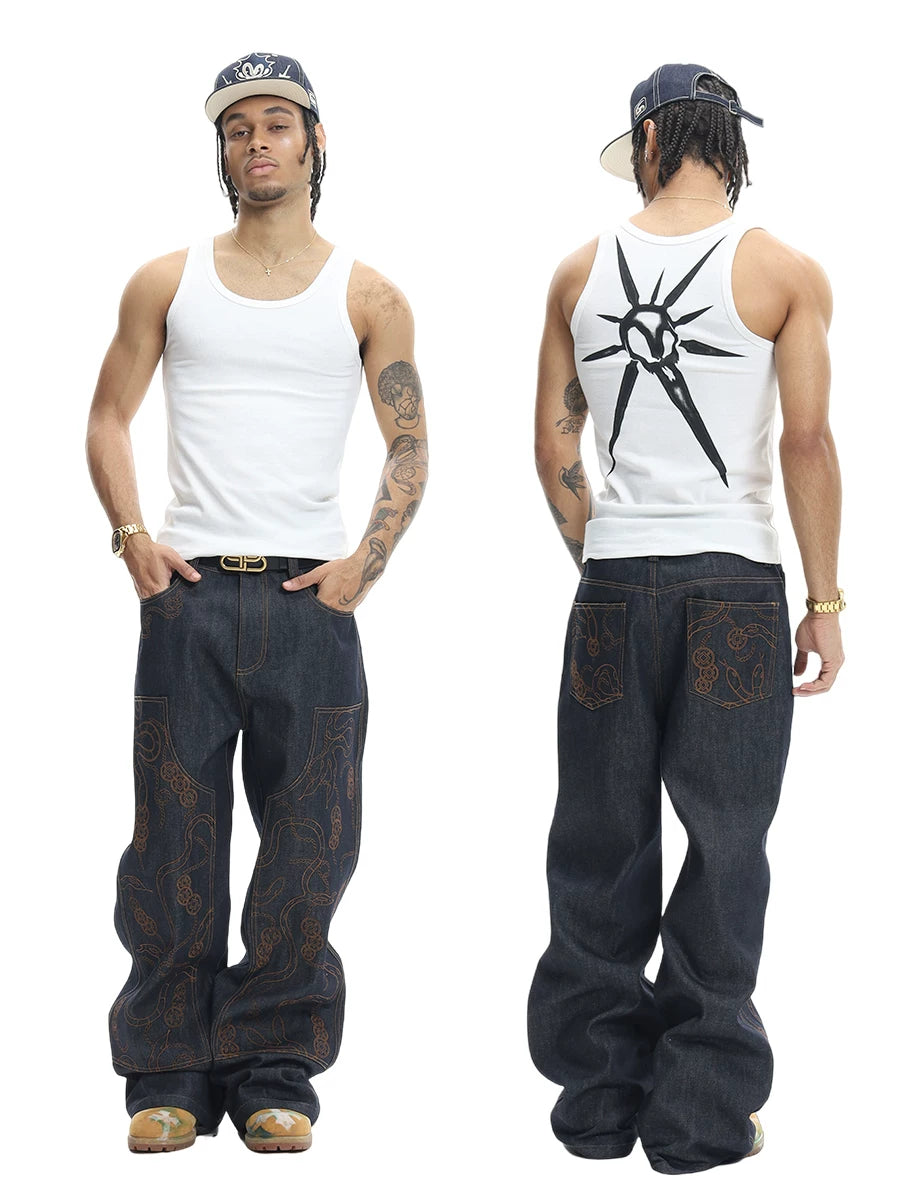 High-Density Embroidery Flared Raw Denim Jeans