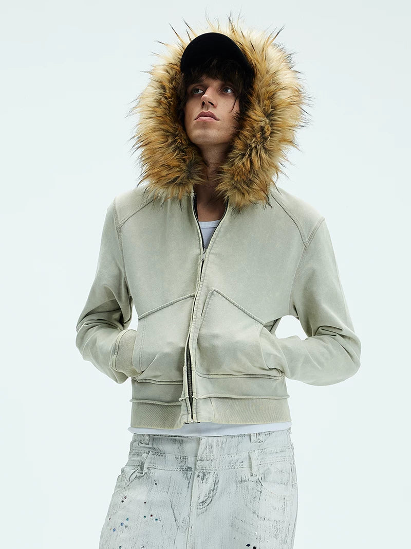 Washed Detachable Fur Zip Hoodie