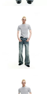 Casual Slub Distressed Flared Denim Pants