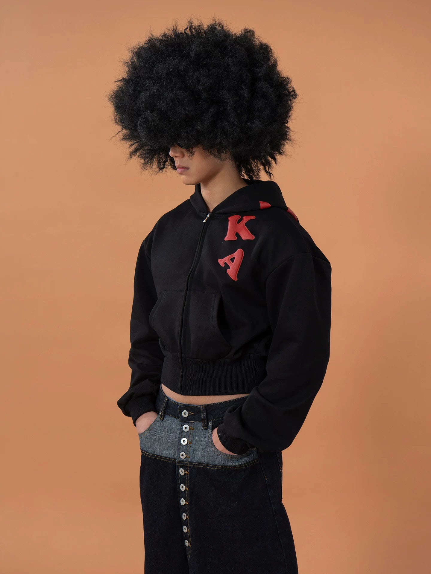 Men's Black Cropped Graphic Hooded Cardigan