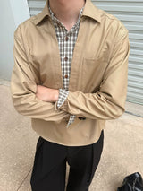 Long-Sleeve Layered V-Neck Color-Block Plaid Shirt