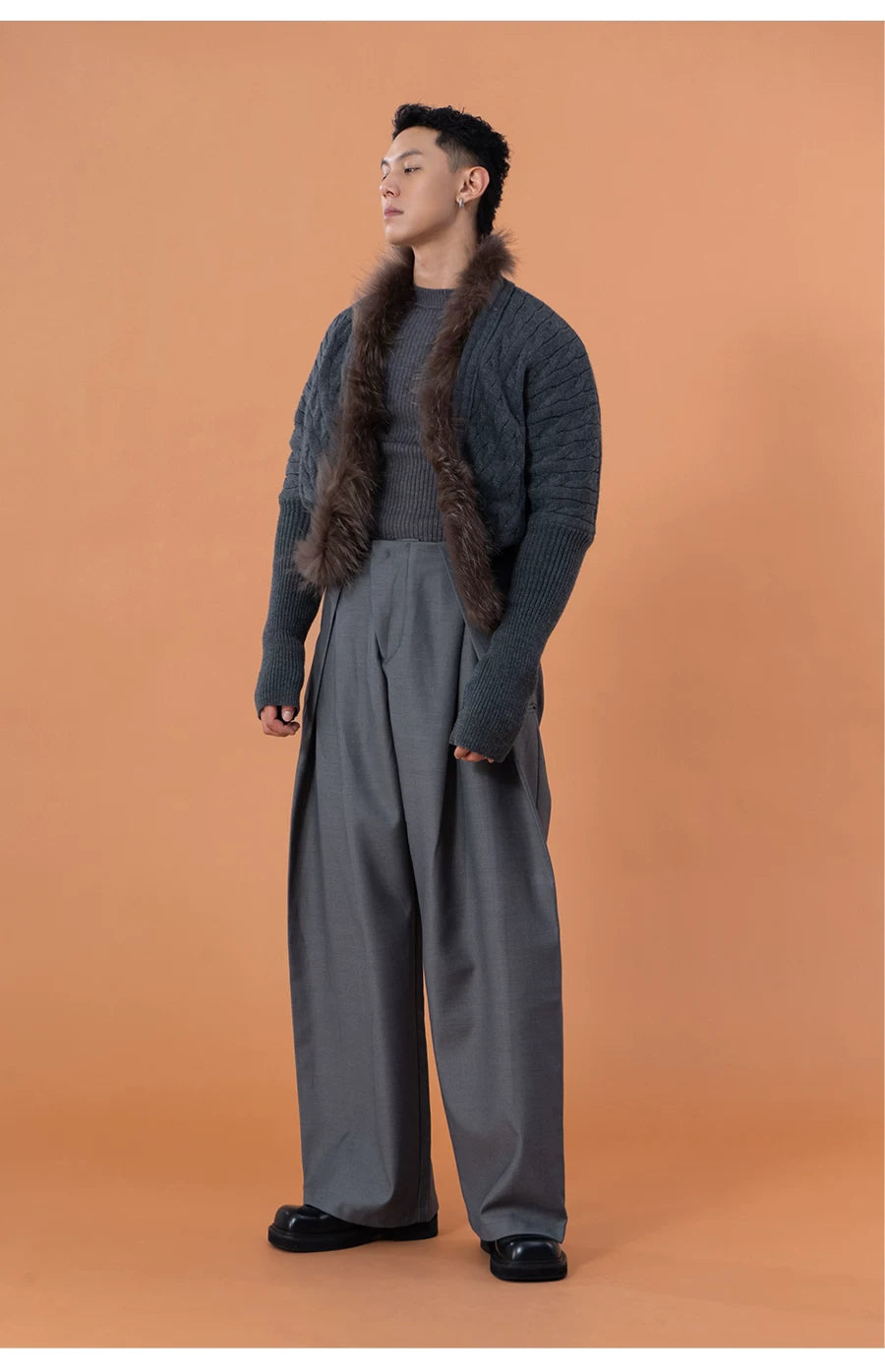 Charcoal Pleated Wide Leg Casual Pants