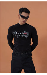 Black Gothic Print Fitted Long-Sleeve Tee