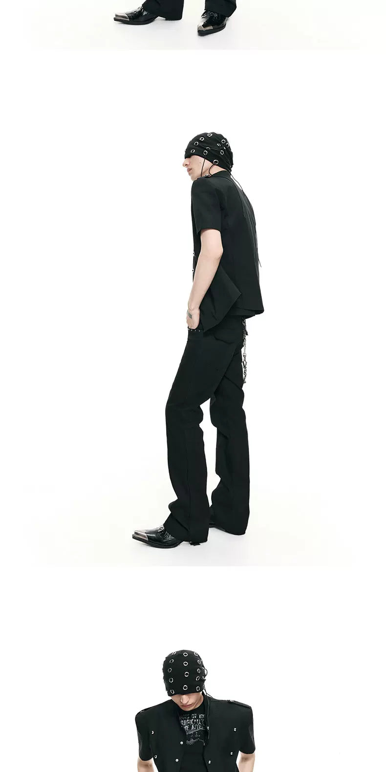 Waist-Cinched Padded Rivet Short-Sleeve Shirts