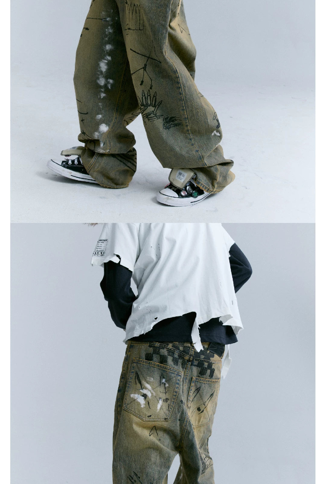 Washed Blue Mud-Dyed Graffiti Baggy Jeans