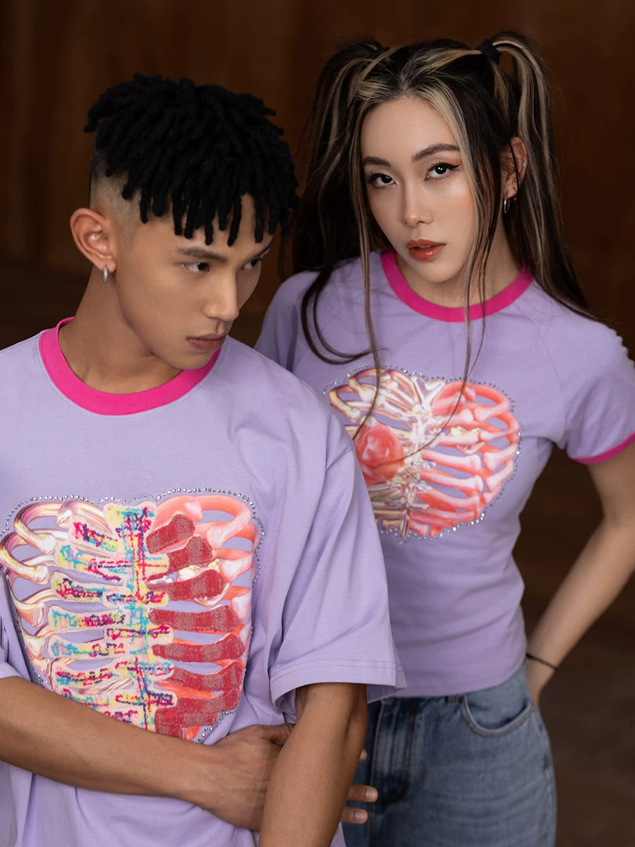 Oversized Embroidered Purple Heart Skeleton Tee