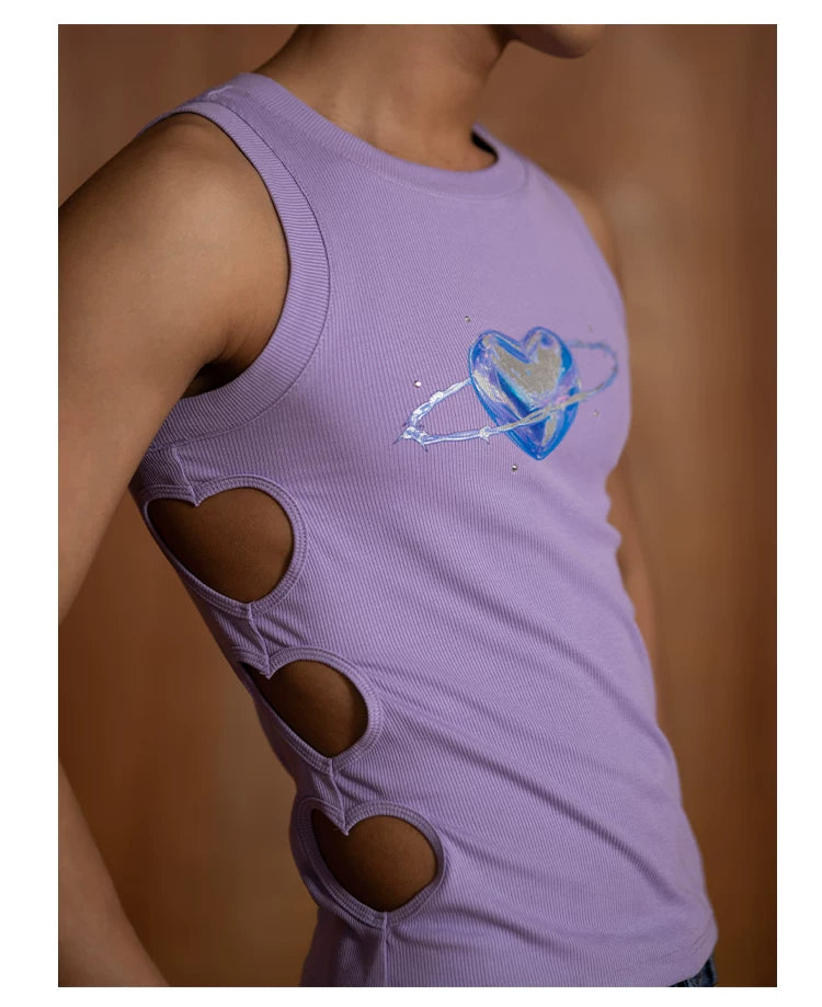 Purple Heart Rhinestone Cutout Tank Top