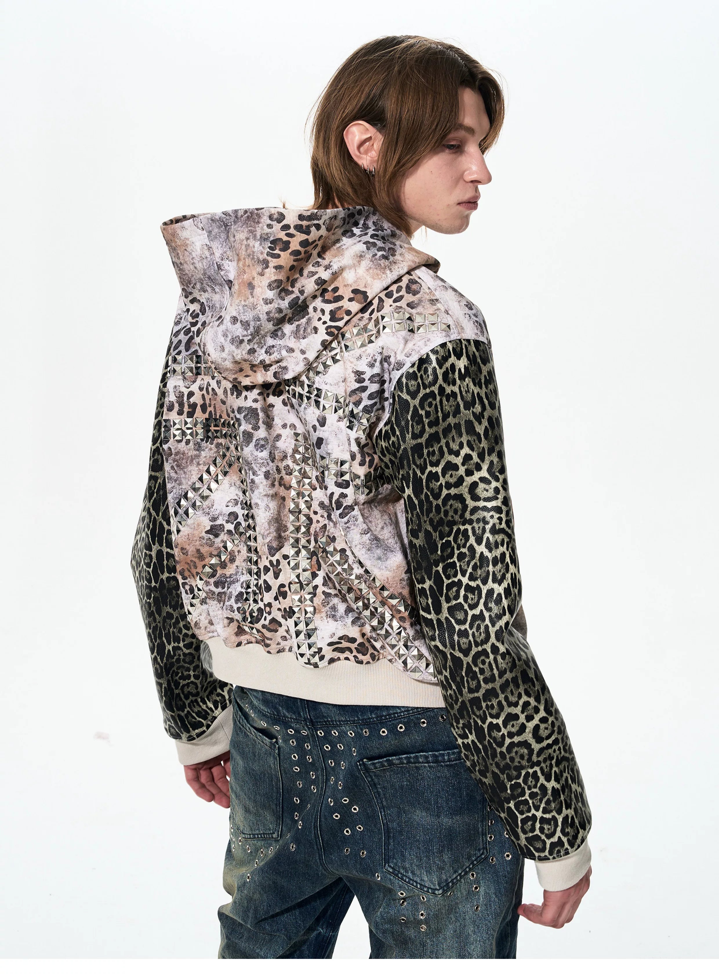 Leopard Patchwork Hooded Rivet Jacket