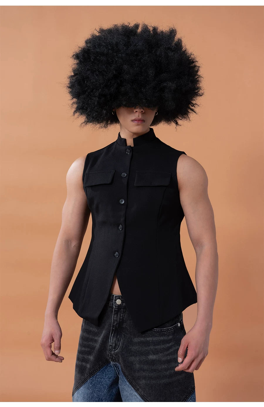 Black Slim Stand Collar Chinese Vest