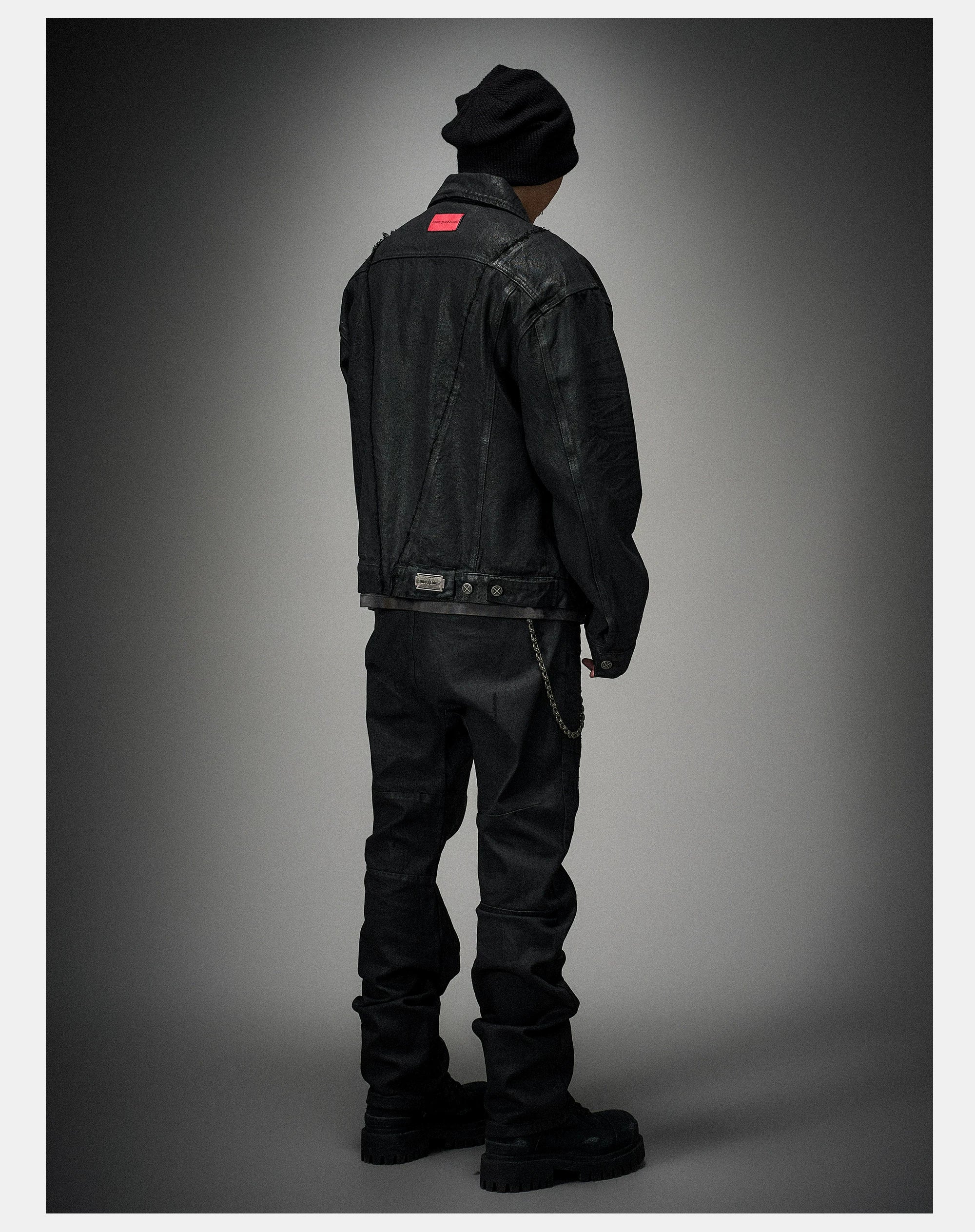 Dark Distressed Patchwork Relaxed Denim Jacket
