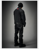 Dark Distressed Patchwork Relaxed Denim Jacket