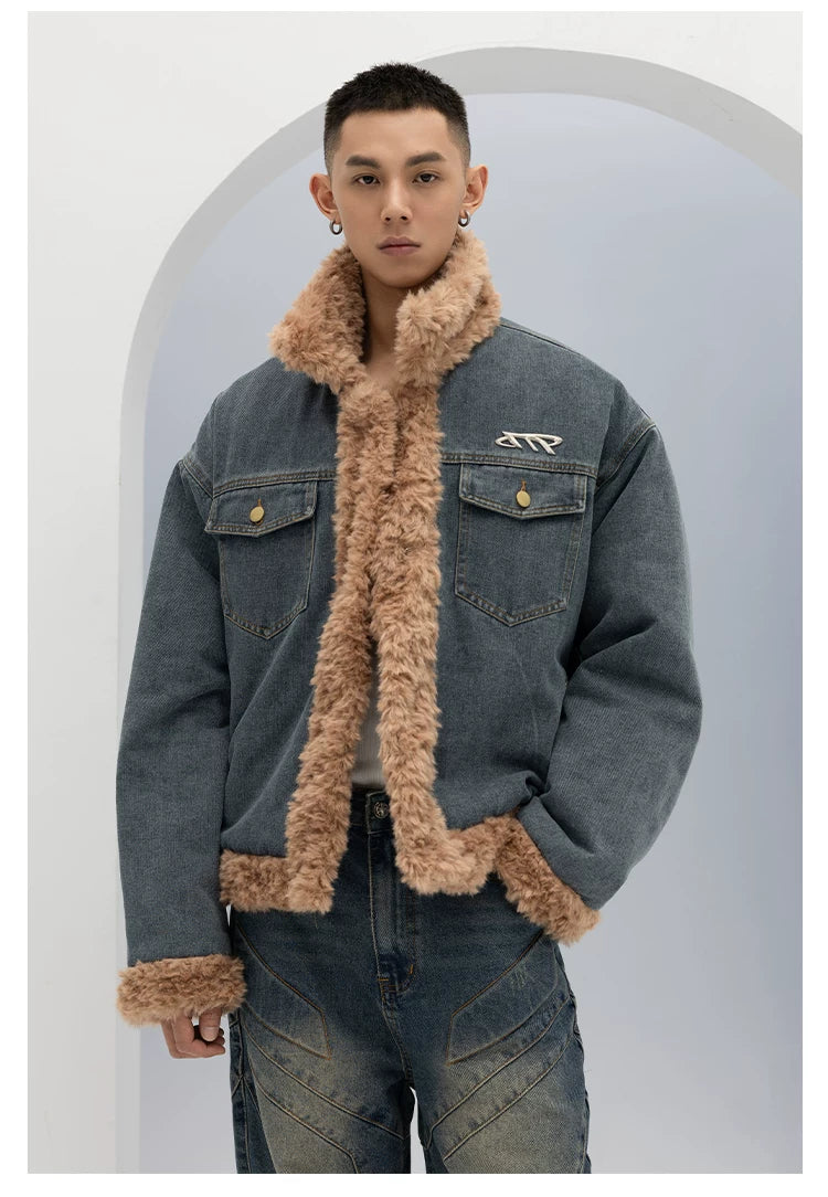 Unisex Vintage Faux Shearling Denim Puffer