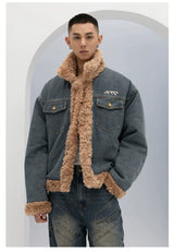 Unisex Vintage Faux Shearling Denim Puffer