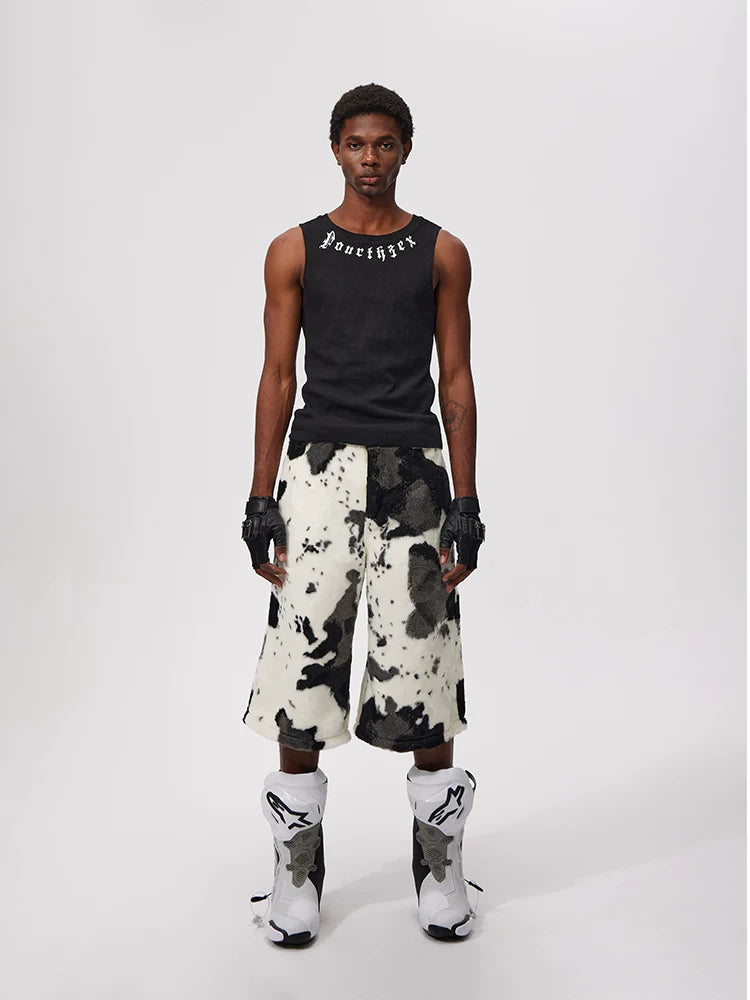 Cropped Cow Print Faux Fur Shorts