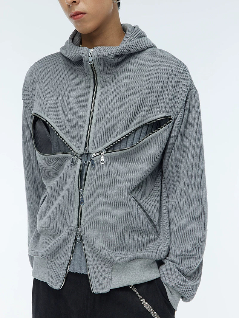 Two-Tone Cross Zip Hooded Turtleneck Cardigan