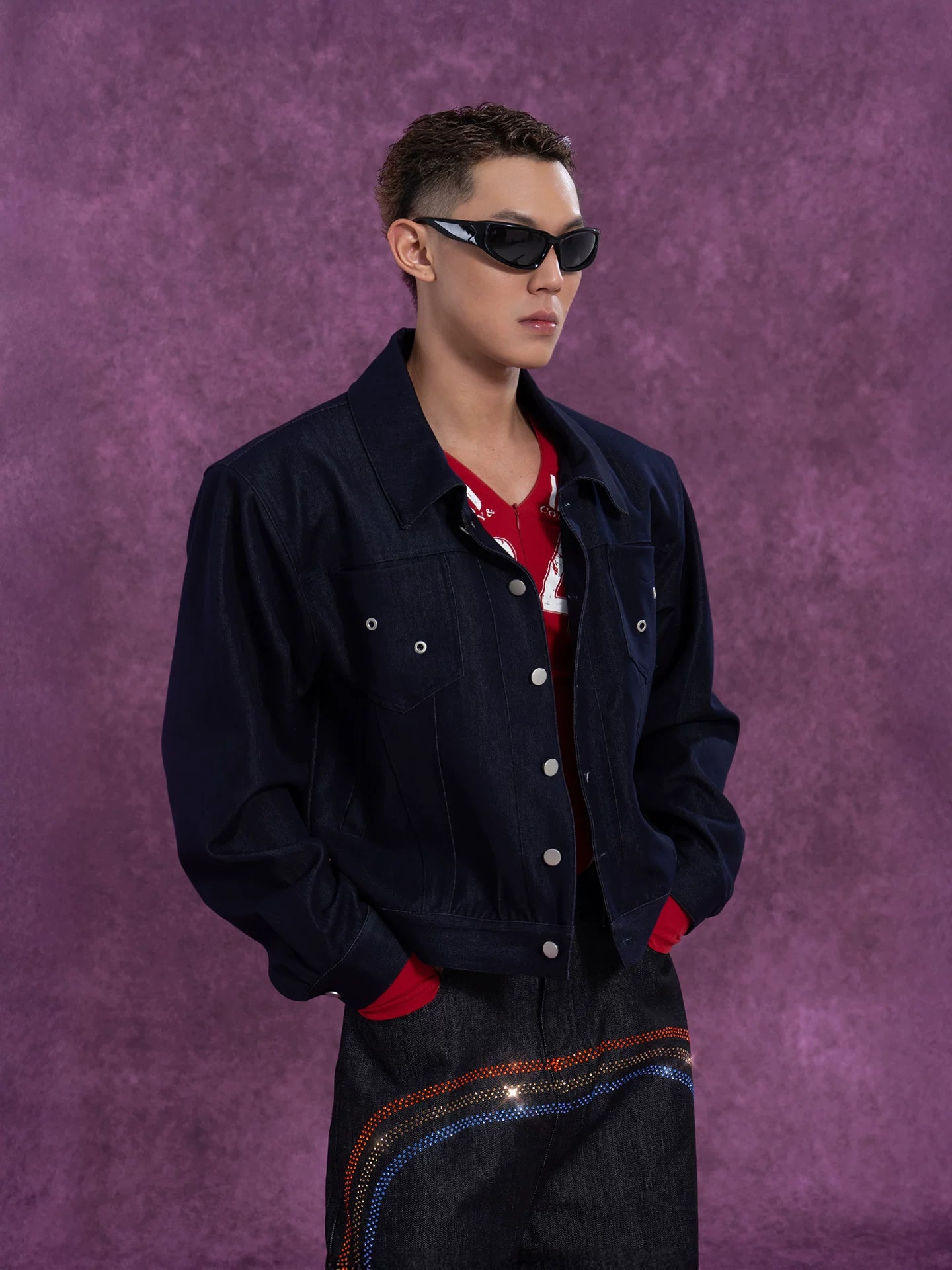 Men's Navy Padded Cropped Denim Jacket