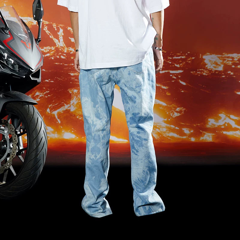 Asymmetric Tie-dye Washed Blue Flare Jeans