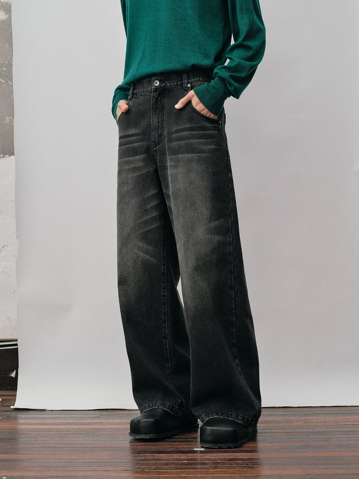 Distressed Whiskered Straight Leg Jeans