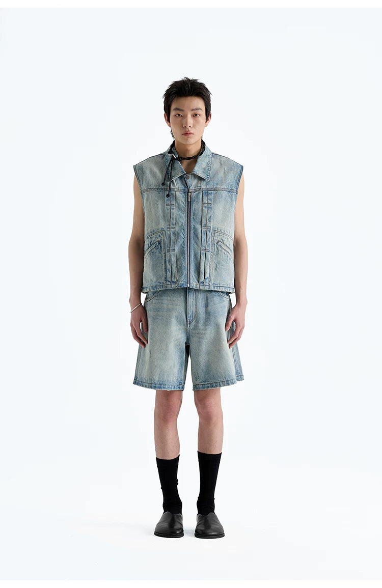 Heavy Distressed Denim Square-Collar Crop-Zip Vest