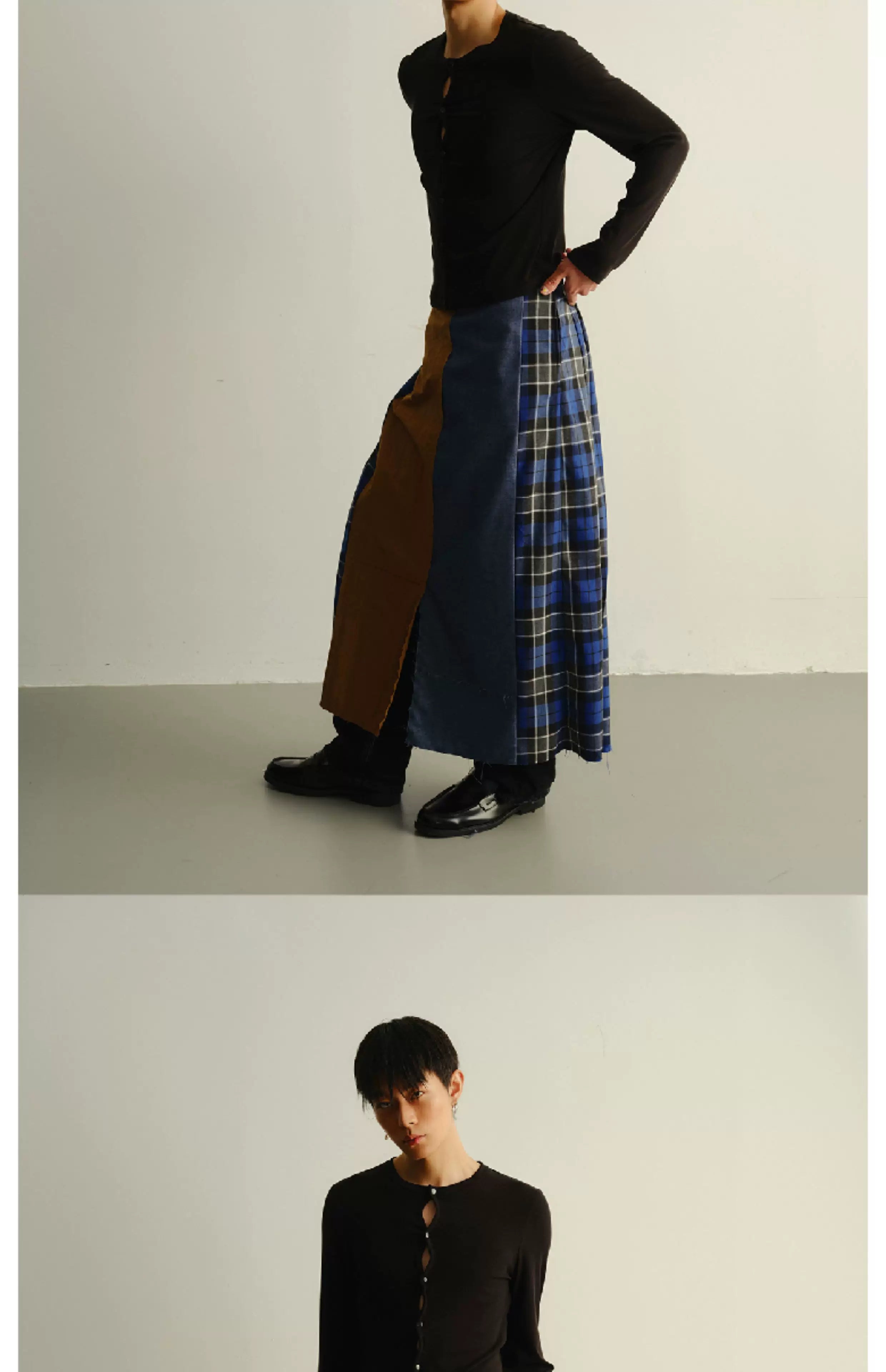 Reversible Pleated Frayed Plaid Denim Skort